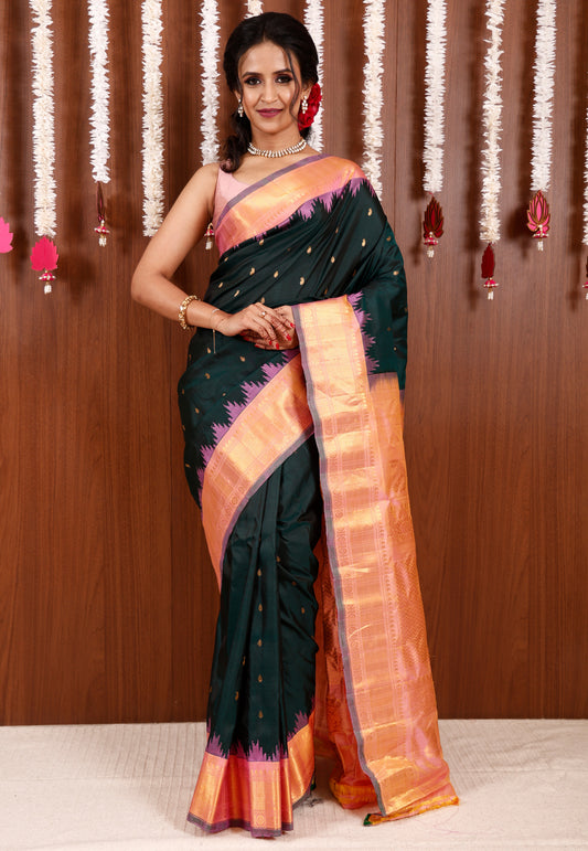 Bottle Green with Peach Border Gadwal Pure Silk Saree With Blouse Piece