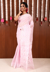 Baby Pink Dhakai Jamdani Cotton Saree without Blouse Piece