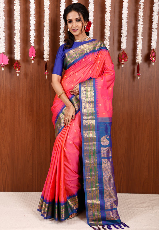 Cross Pink with Peacock Border Gadwal Pure Silk Saree With Blouse Piece