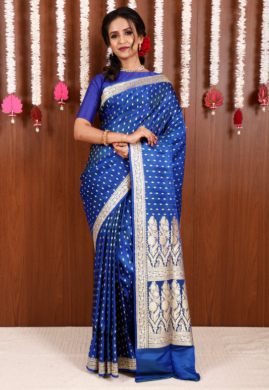 Royal Blue Wedding Banarasi Silk Saree with Blouse Piece