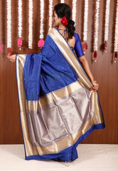 Feroza Blue with Lime Green Border Katan Silk Saree With Blouse Piece