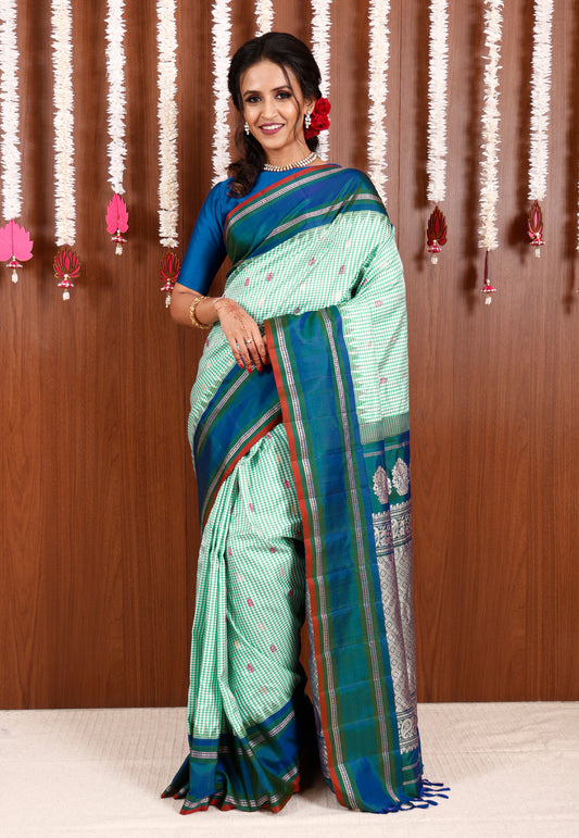 Sea Green Checks with Royal Blue Border Gadwal Pure Silk Saree With Blouse Piece