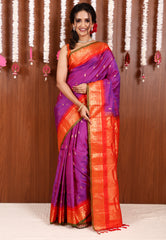 Purple with Orange Border Gadwal Pure Silk Saree With Blouse Piece