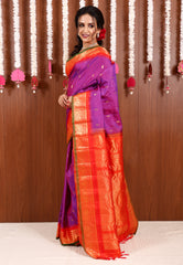 Purple with Orange Border Gadwal Pure Silk Saree With Blouse Piece