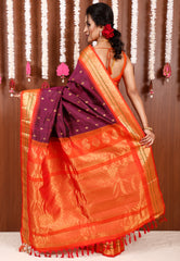 Magenta with Orange Border Gadwal Pure Silk Saree With Blouse Piece