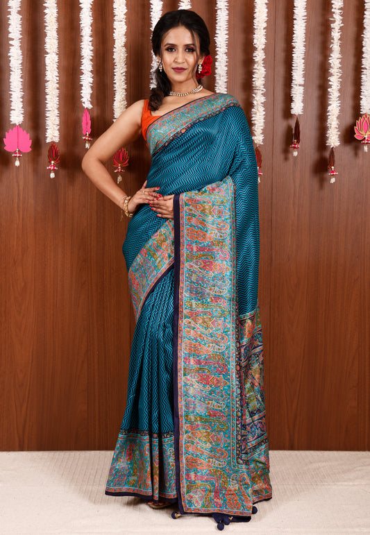 Blue Kani Silk Saree With Blouse Piece