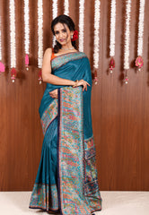 Blue Kani Silk Saree With Blouse Piece