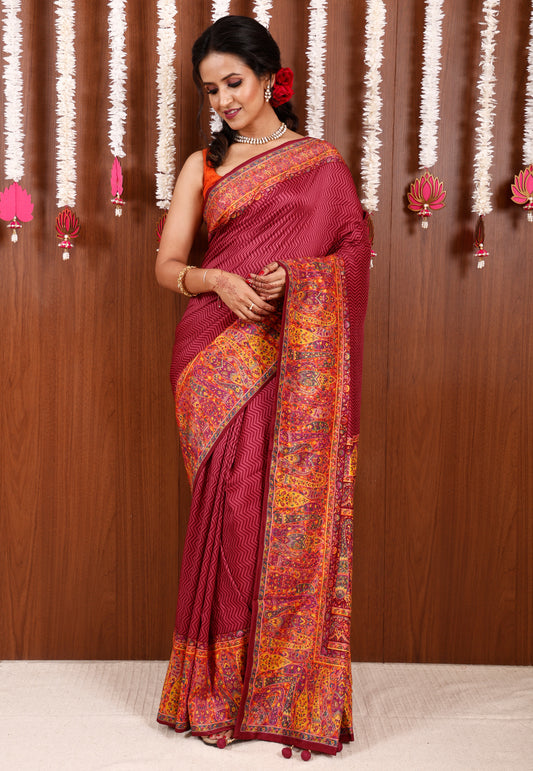 Rani Pink Kani Silk Saree With Blouse Piece