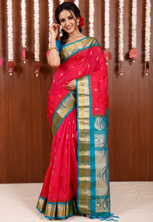 Rani Pink with Feroza Blue Border Gadwal Pure Silk Saree With Blouse Piece