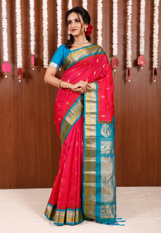 Rani Pink with Feroza Blue Border Gadwal Pure Silk Saree With Blouse Piece