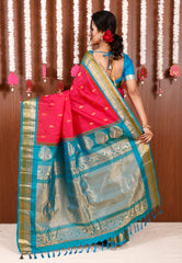 Rani Pink with Feroza Blue Border Gadwal Pure Silk Saree With Blouse Piece