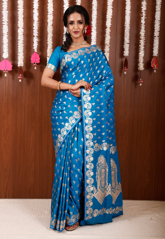 Feroza Blue Wedding Banarasi Silk Saree with Blouse Piece