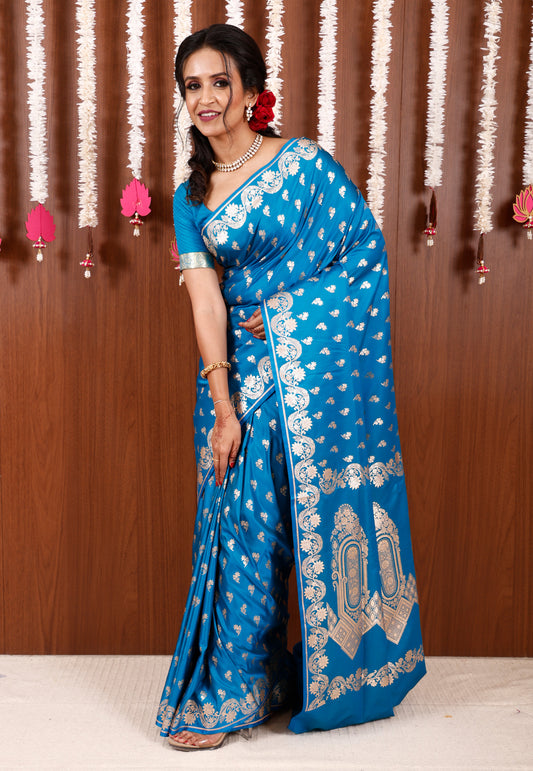 Feroza Blue Wedding Banarasi Silk Saree with Blouse Piece