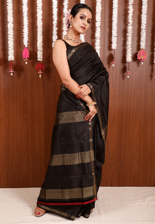 Black Katan Pure Silk Saree With Blouse Piece