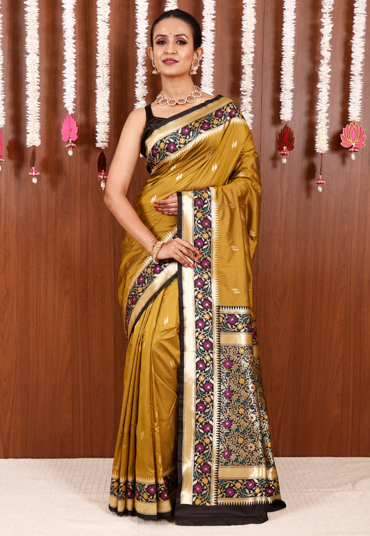 Mustard with Black Minakari Border Kanjivaram Silk Saree With Blouse Piece