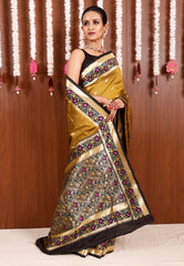 Mustard with Black Minakari Border Kanjivaram Silk Saree With Blouse Piece