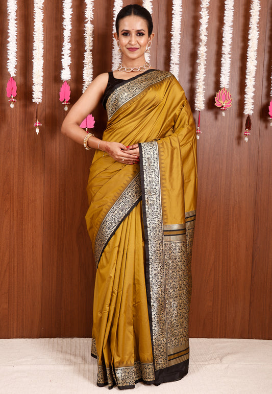 Mustard with Black Border Kanjivaram Silk Saree With Blouse Piece