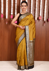 Mustard with Black Border Kanjivaram Silk Saree With Blouse Piece