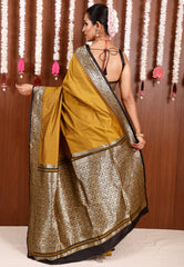 Mustard with Black Border Kanjivaram Silk Saree With Blouse Piece