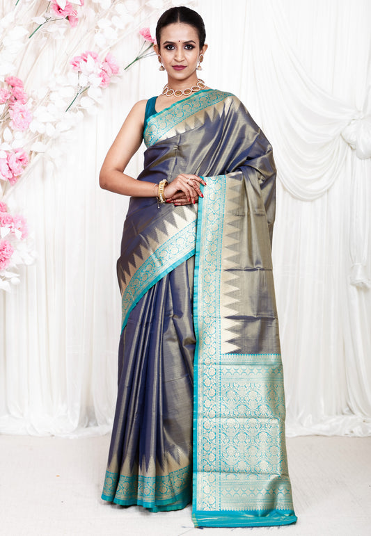 Greyish Blue with Rama Green Border Tissue Kanjivaram Silk Saree With Blouse Piece