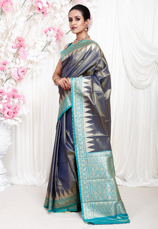 Greyish Blue with Rama Green Border Tissue Kanjivaram Silk Saree With Blouse Piece