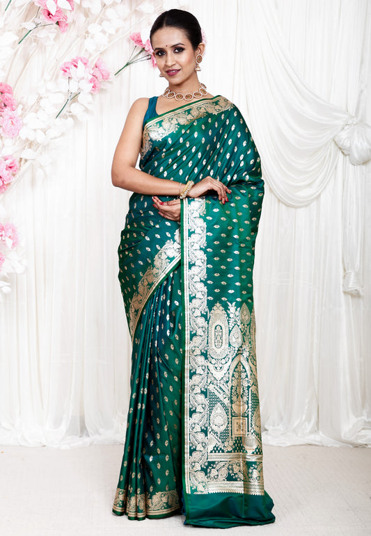 Dual Shades of Green and Blue Wedding Banarasi Silk Saree with Blouse Piece