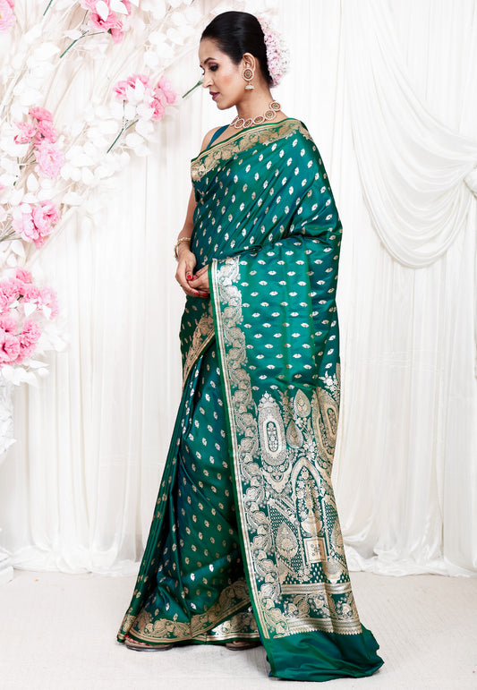 Dual Shades of Green and Blue Wedding Banarasi Silk Saree with Blouse Piece