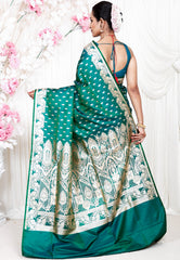 Dual Shades of Green and Blue Wedding Banarasi Silk Saree with Blouse Piece