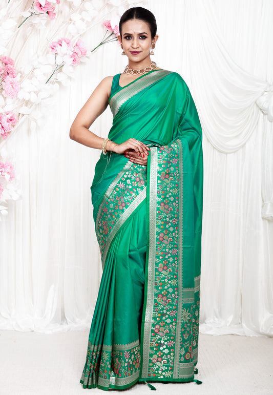 Rama Green Katan Silk Saree With Blouse Piece