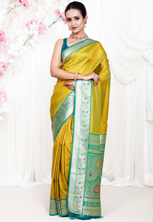 Olive Green with Rama Border Katan Silk Saree With Blouse Piece