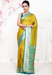 Olive Green with Rama Border Katan Silk Saree With Blouse Piece