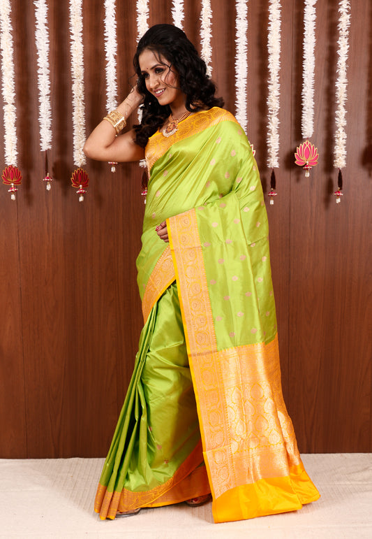 Parrot Green with Yellow Border Kadwa Katan Silk Saree With Blouse Piece