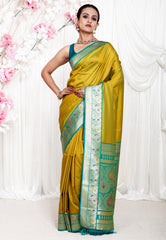 Olive Green with Rama Border Katan Silk Saree With Blouse Piece