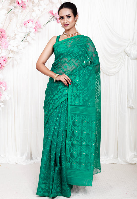 Rama Green Dhakai Jamdani Cotton Saree without Blouse Piece