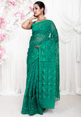 Rama Green Dhakai Jamdani Cotton Saree without Blouse Piece