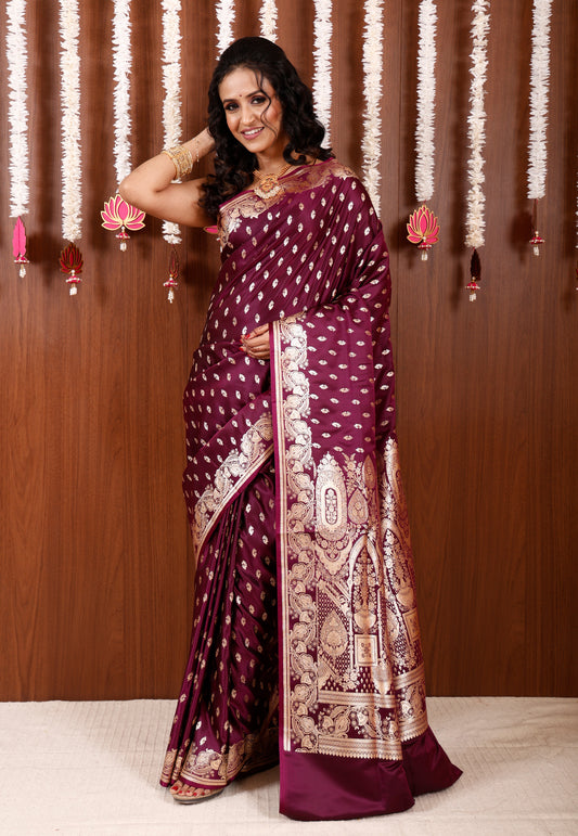 Purple Wedding Banarasi Silk Saree with Blouse Piece