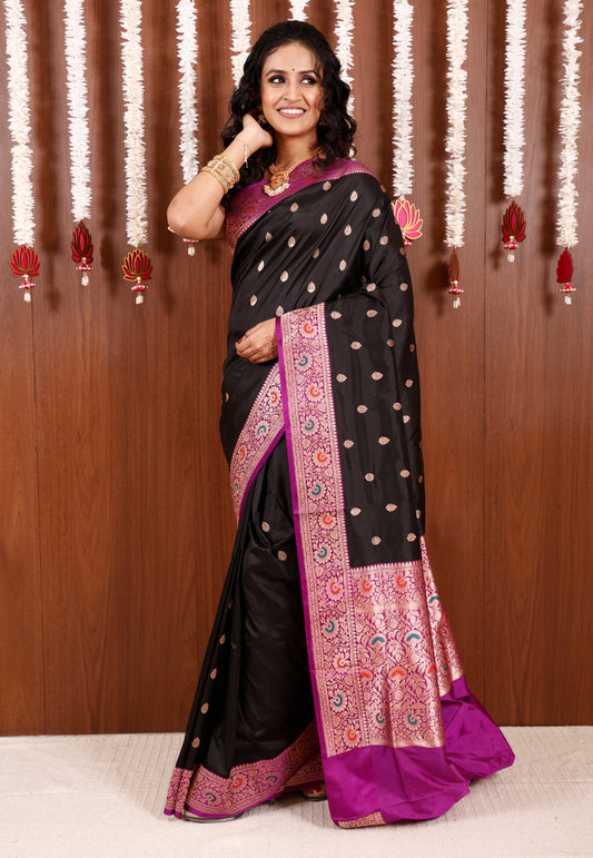 Black with Magenta Minakari Border Kadwa Katan Pure Silk Saree With Blouse Piece