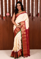 Off White with Maroon Border Gadwal Saree With Blouse Piece