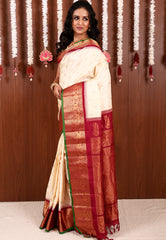 Off White with Maroon Border Gadwal Saree With Blouse Piece