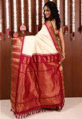 Off White with Maroon Border Gadwal Saree With Blouse Piece