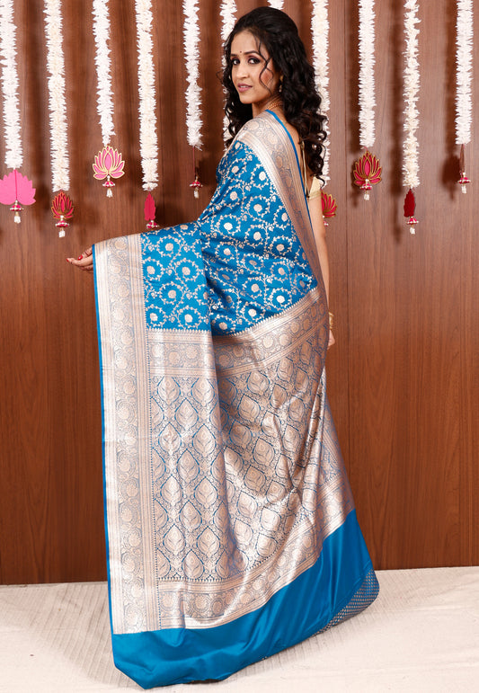 Feroza Blue Wedding Banarasi Silk Saree with Blouse Piece