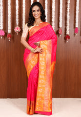 Rani Pink with Orange Border Kanjivaram Silk Saree With Blouse Piece