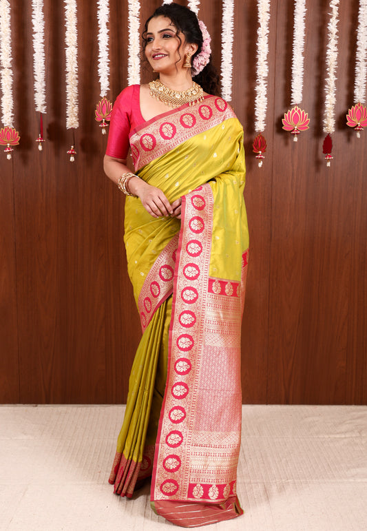 Lime Green with Rani Pink Border Kanjivaram Silk Saree With Blouse Piece