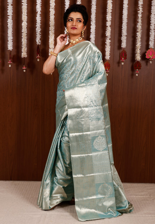 Sky Blue Tissue Kanjivaram Pure Silk Saree With Blouse Piece