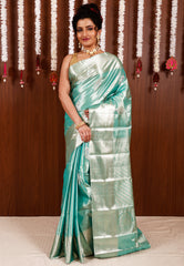 Sea Green Tissue Kanjivaram Pure Silk Saree With Blouse Piece