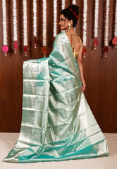 Sea Green Tissue Kanjivaram Pure Silk Saree With Blouse Piece