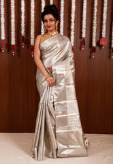 Silver Tissue Kanjivaram Pure Silk Saree With Blouse Piece