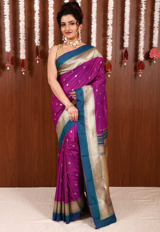 Magenta with Peacock Blue Border Kanjivaram Silk Saree With Blouse Piece