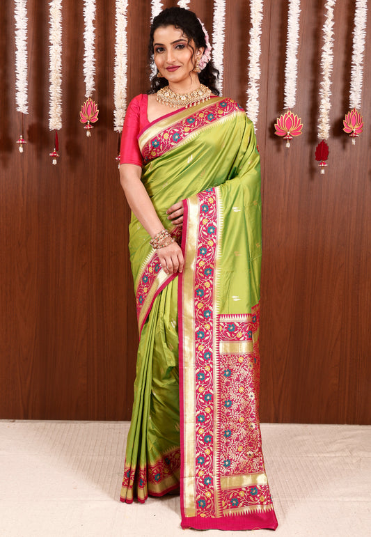 Parrot Green with Rani Pink Minakari Border Kanjivaram Silk Saree With Blouse Piece