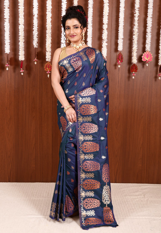 Peacock Blue Katan Silk Saree With Blouse Piece